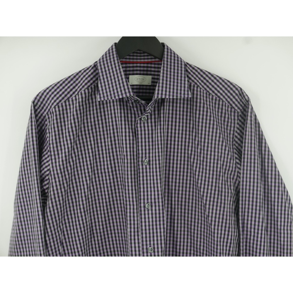Eton Dress Shirt Purple Gingham Spread Collar Slim Long Sleeve Men's 16 41